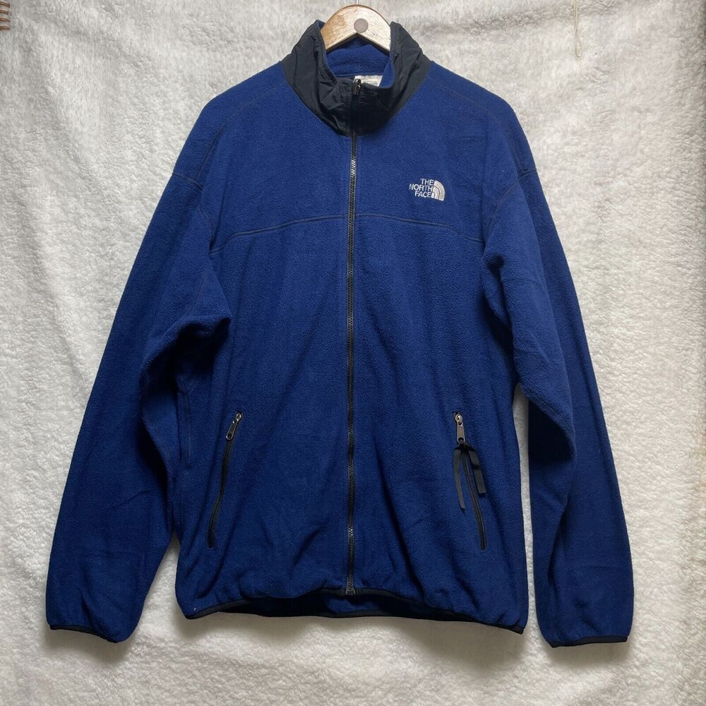 Vintage 90s XL The North Face Blue Full Zip Fleece Jacket Black Logo Made in USA